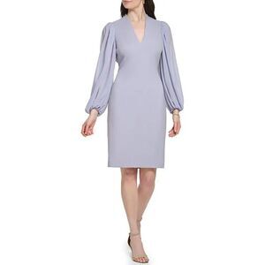 Vince Camuto $158 Grey V-Neck Long Chiffon Sleeve‎ Crepe Sheath Dress Size 6